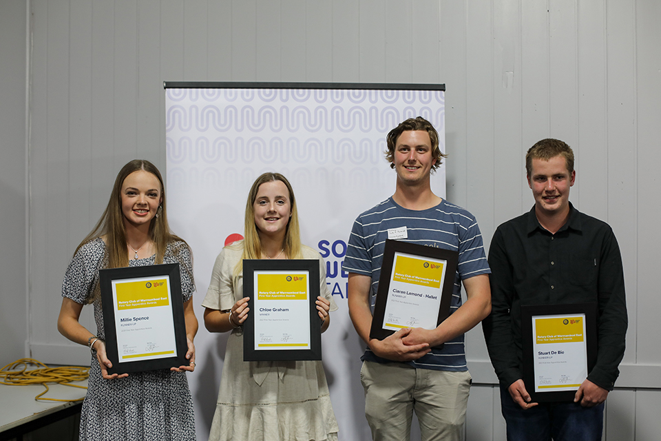 2021 Rotary Club of Warrnambool East First Year Apprentice Award winner and runner-ups from left: runner-up, Millie Spence, winner, Chloe Graham, runner-up, Ciaran Lamond-Hallett, and runner-up, Stuart De Bie.