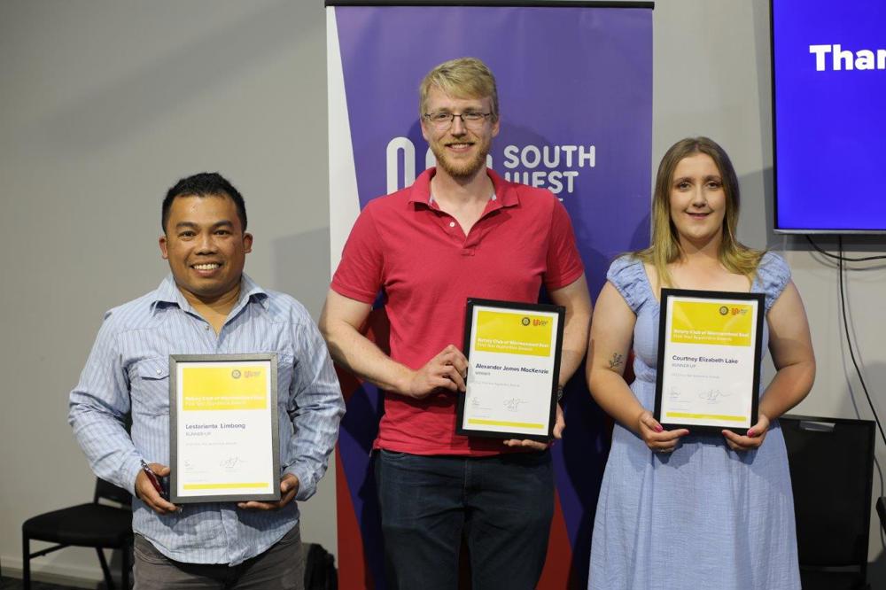 From left runner-up Lestarianta Limbong, winner Alexander MacKenzie and runner-up Courtney Lake